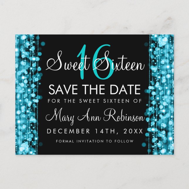 Cartão Postal De Anúncio Sweet 16 Save The Date Turquoise Party Sparkles (Frente)