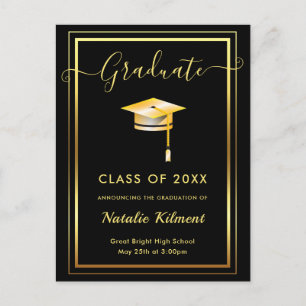 Cartão Postal De Anúncio Tampa de Graduado Moderna Preto e Dourado Graduaçã