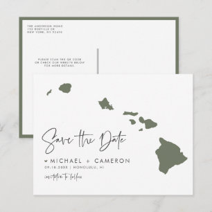 Cartão Postal De Anúncio Taupe Green Hawaii State Map Código QR Salvar Data