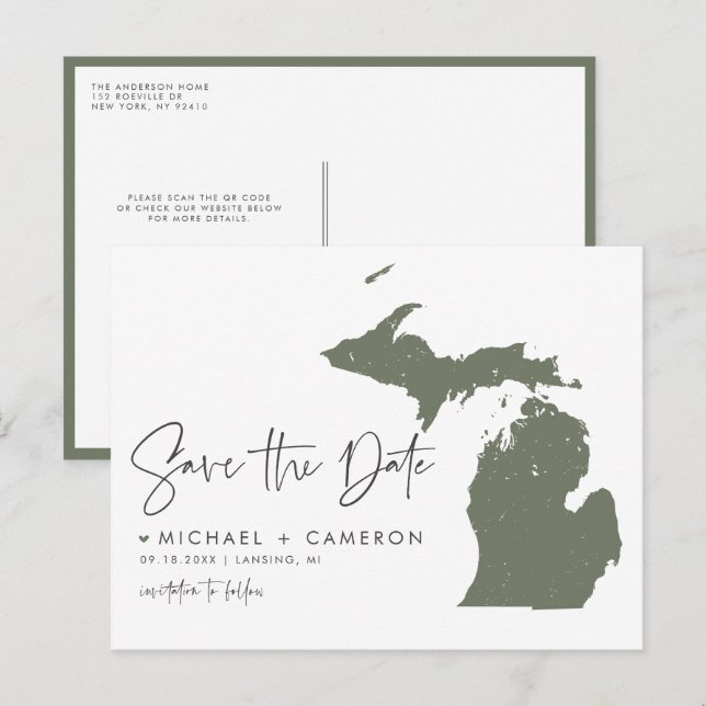 Cartão Postal De Anúncio Taupe Green Michigan Map QR Code Salvar Data (Frente/Verso)