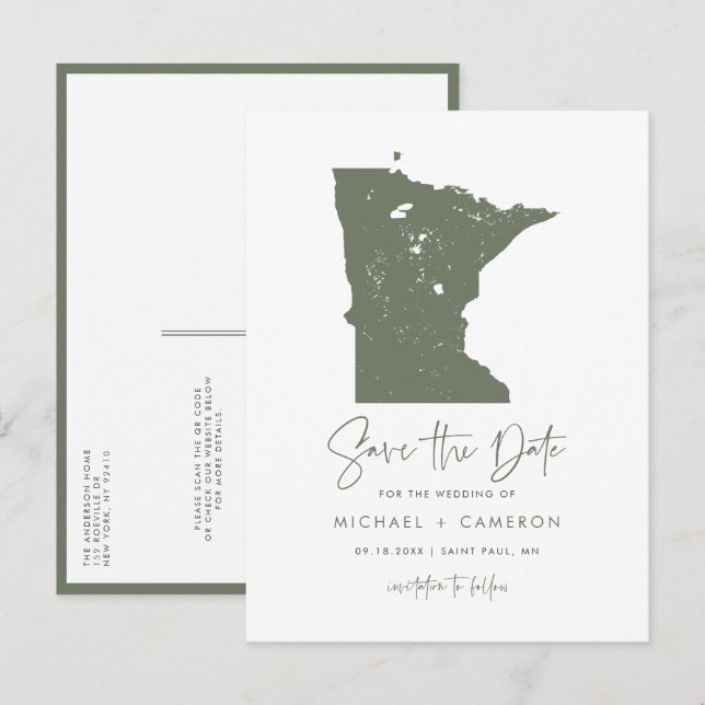 Cartão Postal De Anúncio Taupe Green Minnesota Map QR Code Salvar a Data (Frente/Verso)