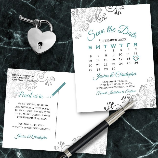 Cartão Postal De Anúncio Teal, Cinzas e Casamento Branco Salvar o Calendári (In Situ Front/Back)