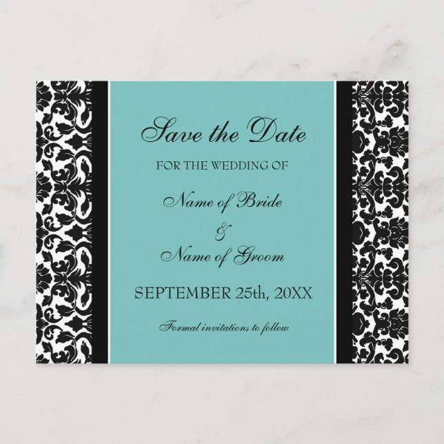 Cartão Postal De Anúncio Teal Damask Save the Date Wedding Postcards (Frente)