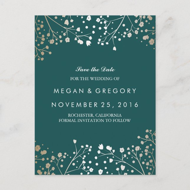 Cartão Postal De Anúncio Teal e Dourado Salve a Data (Frente)