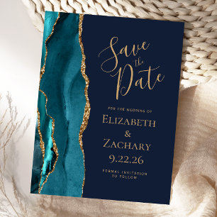 Cartão Postal De Anúncio Teal Gold Ágata Azul Marinho Casamento Salve a Dat
