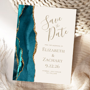 Cartão Postal De Anúncio Teal Gold Ágata Marfim Save the Date Casamento