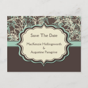 Cartão Postal De Anúncio Teal Ivory Brown Floral Salvar Data