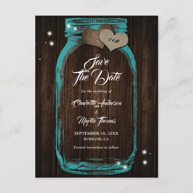 Cartão Postal De Anúncio Teal Mason Jar Rustic Wood Casamento Salve A Data (Frente)