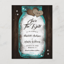 Cartão Postal De Anúncio Teal Mason Jar String Luz Rustic Wood Casamento
