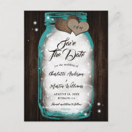 Cartão Postal De Anúncio Teal Mason Jar String Luz Rustic Wood Casamento