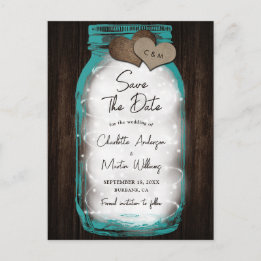 Cartão Postal De Anúncio Teal Mason Jar Wood Hearts Wedding Save The Date