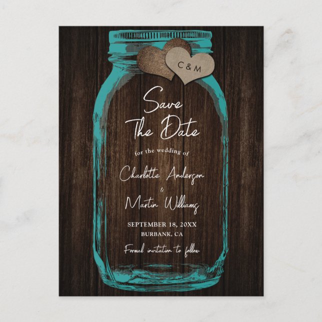 Cartão Postal De Anúncio Teal Mason Jar Wood Wedding Save The Date (Frente)