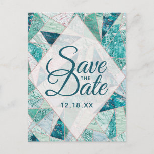Cartão Postal De Anúncio Teal Mosaic Marble Triangles Salva a Data