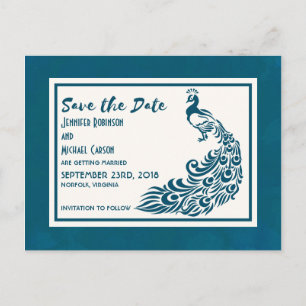 Cartão Postal De Anúncio Teal Peacock Bold Na moda Art Deco Salvar Data