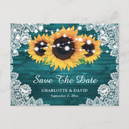 Cartão Postal De Anúncio Teal Rustic Wood Lace Sunflower Salvar Data