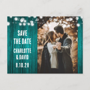 Cartão Postal De Anúncio Teal Rustic Wood Weding Photo Save The Date (A Fot
