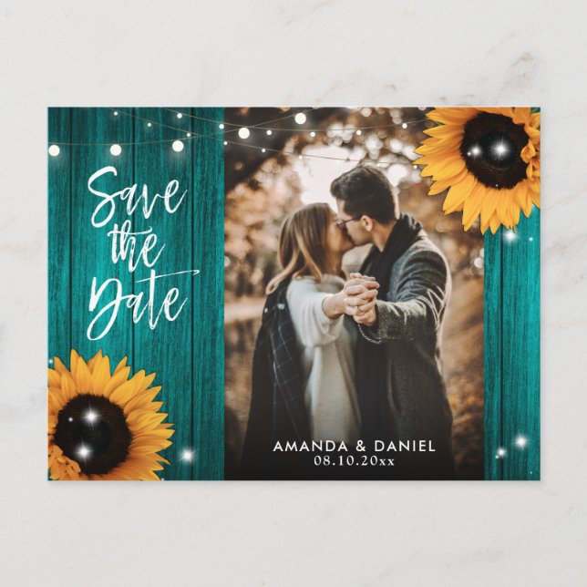 Cartão Postal De Anúncio Teal Sunflower Save The Date Photo Postcard (Frente)