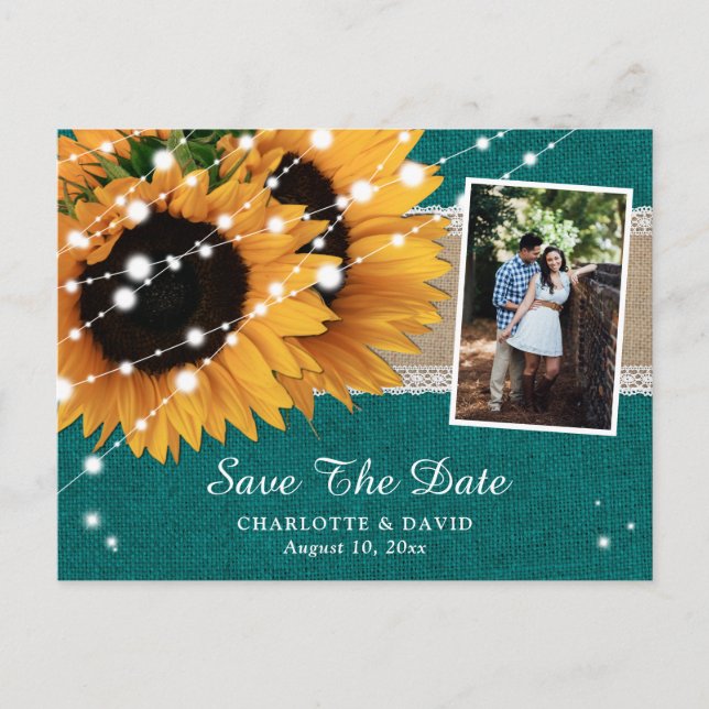 Cartão Postal De Anúncio Teal Sunflower Save The Date Photo Postcards (Frente)