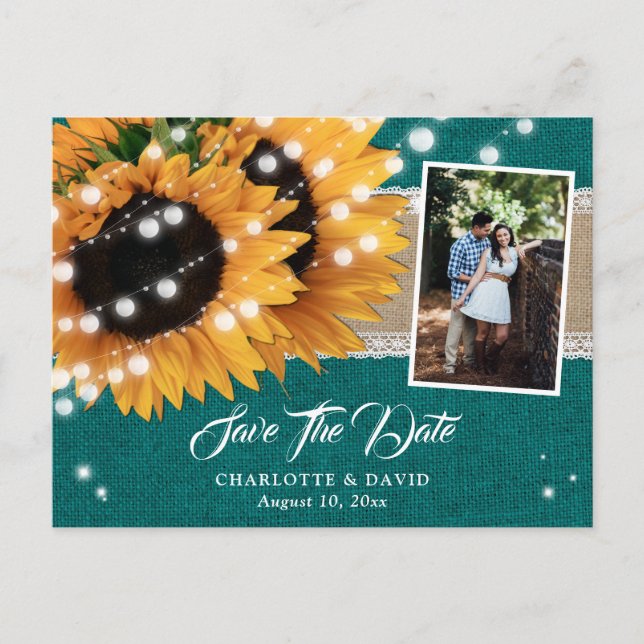 Cartão Postal De Anúncio Teal Sunflower Save The Date Photo Postcards (Frente)