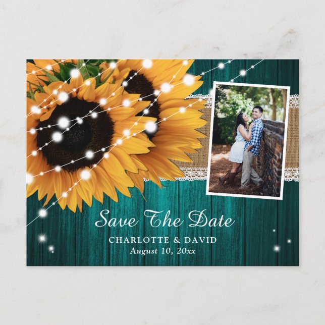 Cartão Postal De Anúncio Teal Sunflower Weding Photo Save The Date (Foto De (Frente)