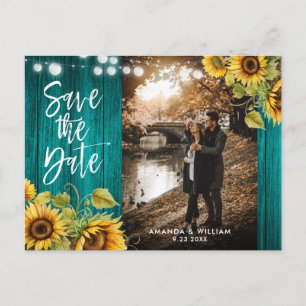 Cartão Postal De Anúncio Teal Sunflower Weding Photo Save The Date (Foto De