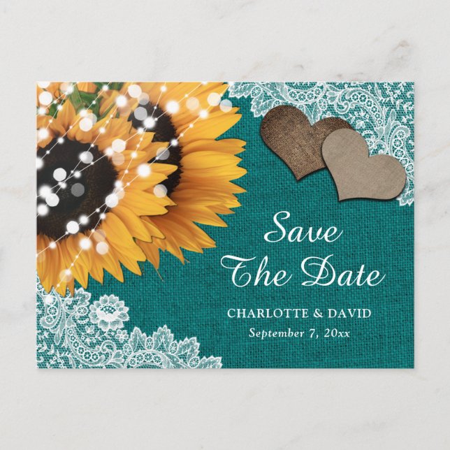 Cartão Postal De Anúncio Teal Sunflower Weding Save The Date Postcard (Frente)