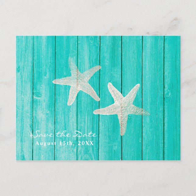 Cartão Postal De Anúncio Teal Wood & Starfish Praia Elegante Salvar a Data (Frente)