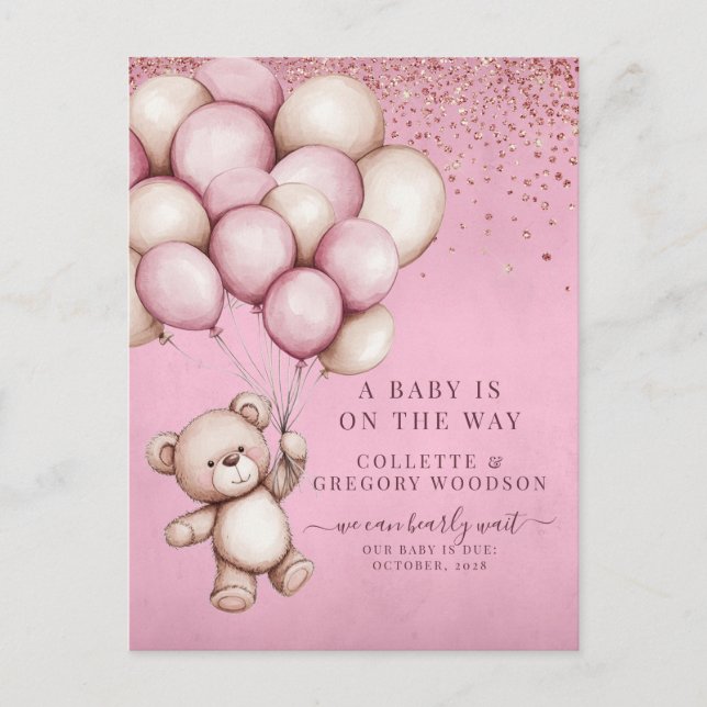 Cartão Postal De Anúncio Teddy Bear Pink Baby Girl Budget Pregnancy Reveal (Frente)
