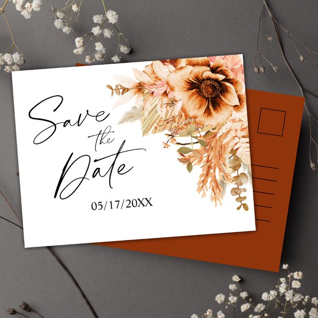 Cartão Postal De Anúncio Terracota Floral para Casamento Save The Date (Floral Terracotta Wedding Save The Date Announcement Postcard)