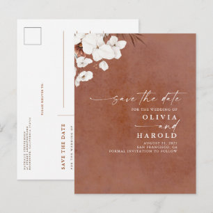 Cartão Postal De Anúncio Terracotta e Floral Branco Boho Save The Date