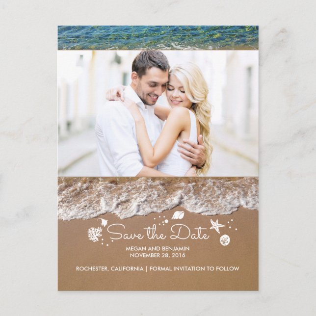 Cartão Postal De Anúncio Tesouros da Praia e do Oceano Foto Salvar Data (Frente)