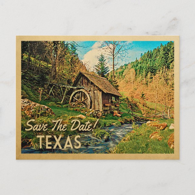 Cartão Postal De Anúncio Texas Salve A Data Cabana Rústica Moinho Woods (Frente)