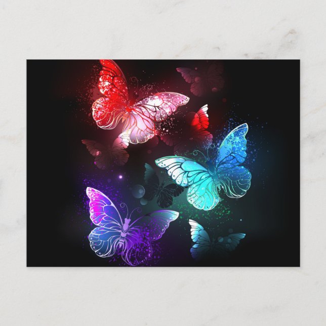 Cartão Postal De Anúncio Three Glowing Butterflies on night background (Frente)