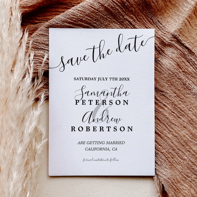 Cartão Postal De Anúncio Típica casual branca preta moderna salva a data (Modern black white casual typography save the date announcement postcard)