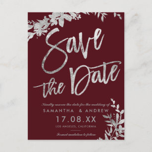 Cartão Postal De Anúncio Típica de prata burgundy floral salve data