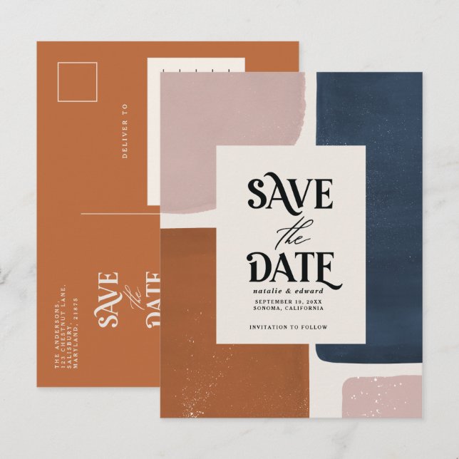 Cartão Postal De Anúncio Tipografia abstrata moderna em terracota azul-mari (Frente/Verso)