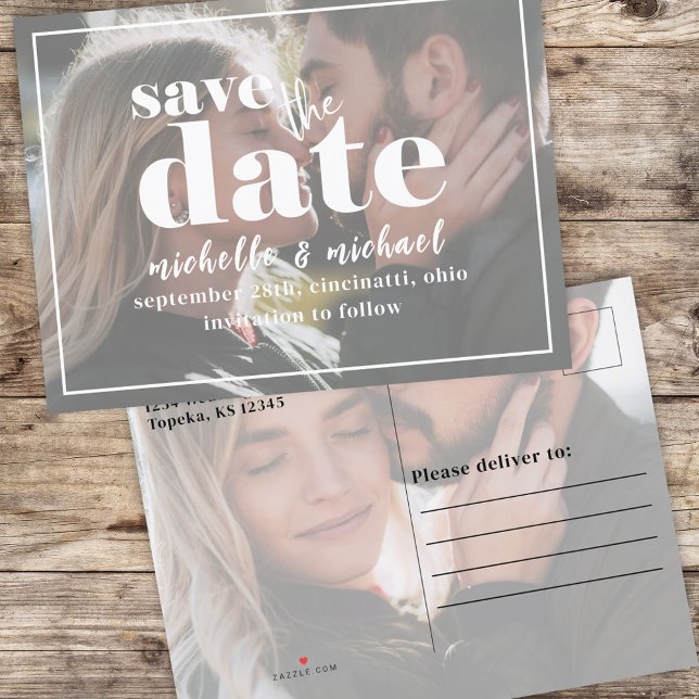 Cartão Postal De Anúncio Tipografia Moderna em Foto Negrito Simples Minimal (Save the date two photo postcard template)