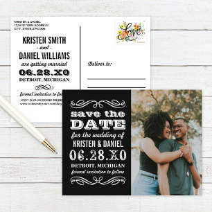 Cartão Postal De Anúncio Tipografia Preto e Branco Foto Salve a Data