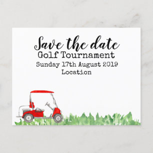 Cartão Postal De Anúncio Torneio de golfe Salve a data com carrinho de golf