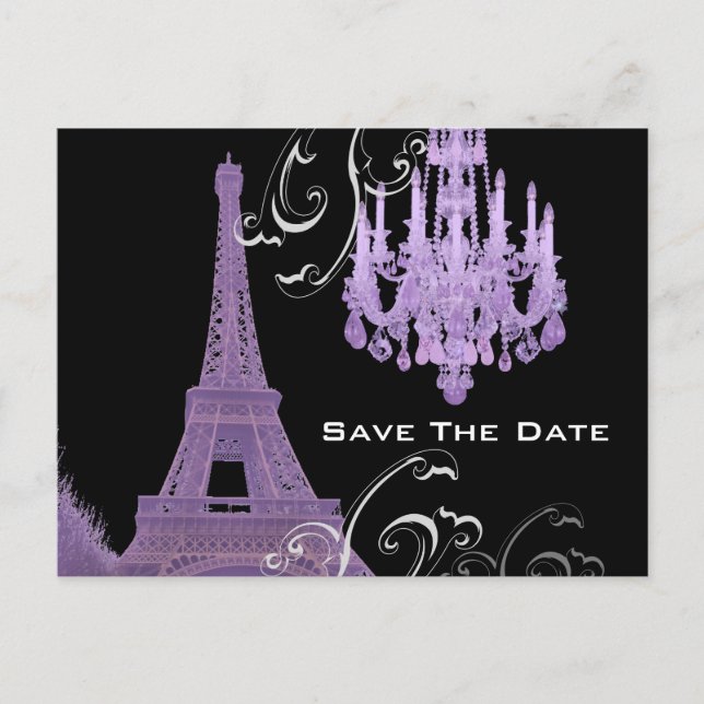 Cartão Postal De Anúncio Torre Eiffel Lustre Roxo Save The Date (Frente)