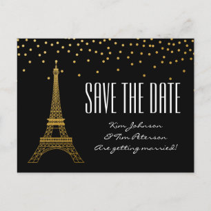 Cartão Postal De Anúncio Torre Eiffel Paris Preto Dourado Save The Date