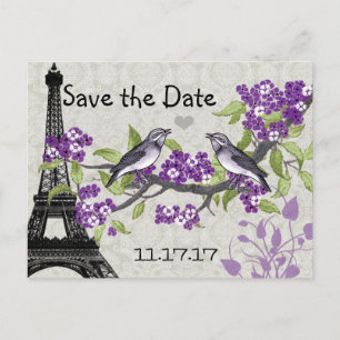 Cartão Postal De Anúncio Torre Eiffel Pássaros de Amor Vintage Salve a Data