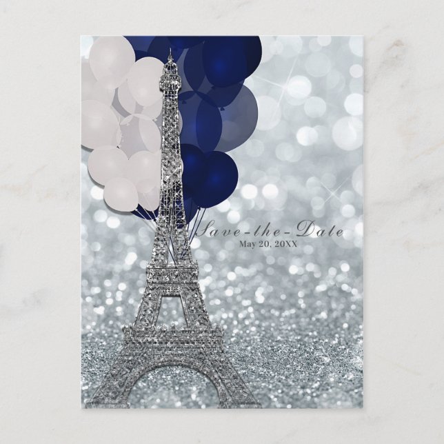 Cartão Postal De Anúncio Torre Eiffel Prata Balões Navais Save the Date (Frente)
