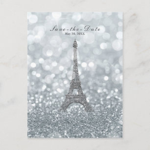 Cartão Postal De Anúncio Torre Eiffel Silver Sparkle Glitter Salve a Data