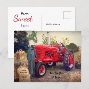 Cartão Postal De Anúncio Trator Vermelho Rústico País Mudamos Mudança