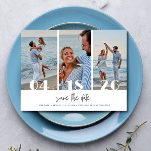 Cartão Postal De Anúncio Três Fotos de Casamento na Praia Salve a Data