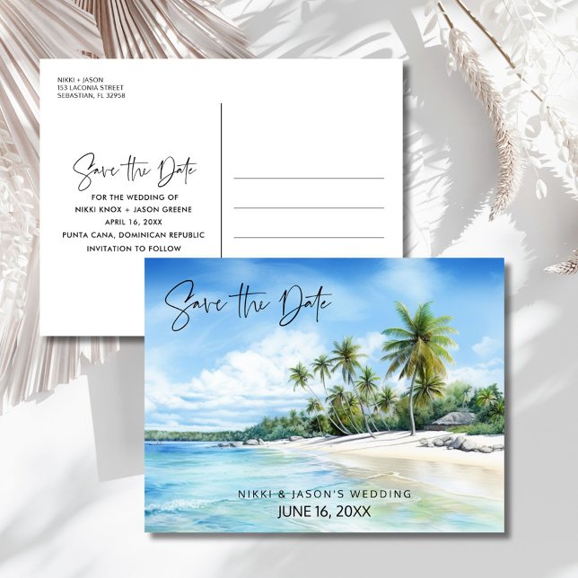 Cartão Postal De Anúncio Tropical Beach Destination Wedding Save the Date (Tropical Beach Destination Wedding Save the Date Announcement Postcard)