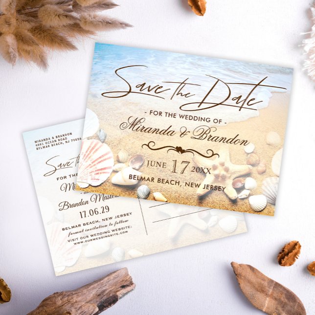 Cartão Postal De Anúncio Tropical Beach Wedding Starfish Save the Date (Criador carregado)