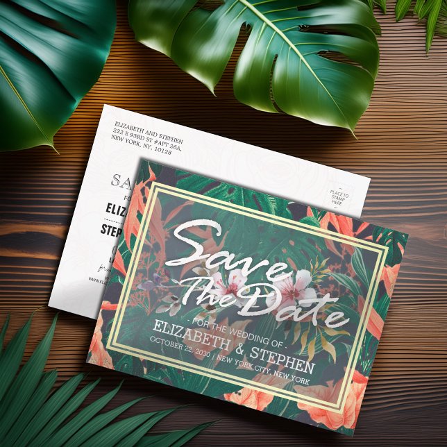 Cartão Postal De Anúncio Tropical Floral & Quadro Dourado Casamento Salve A (Criador carregado)
