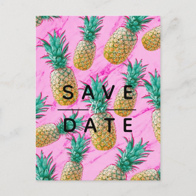 Cartão Postal De Anúncio Tropical Pineapple Rosa Mármore Save the Date (Frente)